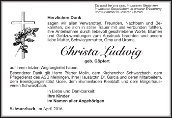 Traueranzeige von Christa Ludwig von Südthüringer Presse