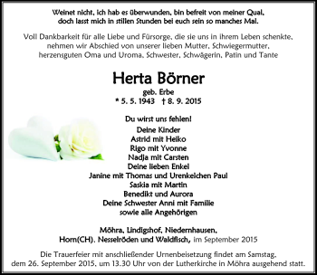 Traueranzeige von Herta Börner von Südthüringer Presse