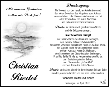 Traueranzeige von Christian Riedel von Südthüringer Presse