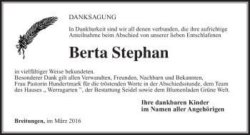 Traueranzeige von Berta Stephan von Südthüringer Presse