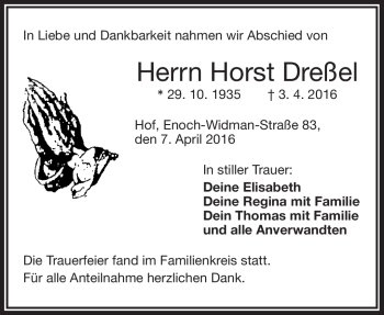 Traueranzeige von Horst Dreßel von Frankenpost