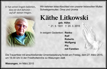 Traueranzeige von Käthe Litkowski von Südthüringer Presse