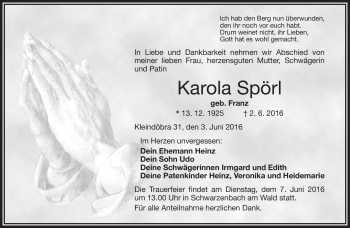Traueranzeige von Karola Spörl von Frankenpost