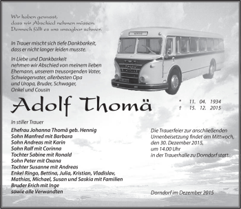 Traueranzeige von Adolf Thomä von Südthüringer Presse