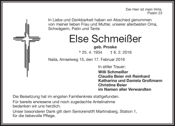 Traueranzeige von Else Schmeißer von Frankenpost