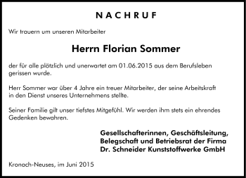 Traueranzeige von Florian Sommer von Neue Presse Coburg