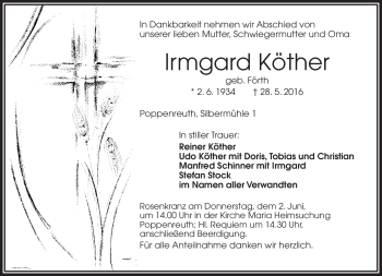Traueranzeige von Irmgard Köther von Frankenpost
