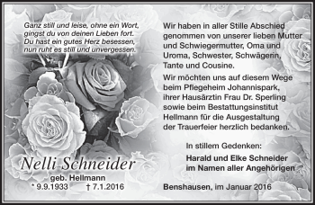 Traueranzeige von Nelli Schneider von Südthüringer Presse