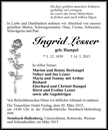 Traueranzeige von Ingrid Lesser von Südthüringer Presse