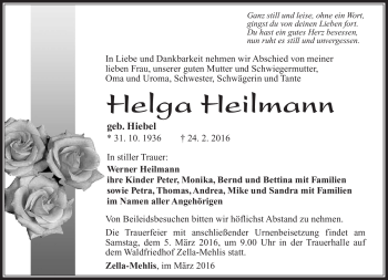 Traueranzeige von Helga Heilmann von Südthüringer Presse