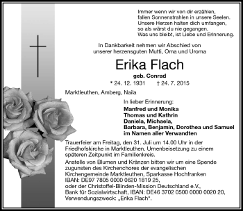 Traueranzeige von Erika Flach von Frankenpost