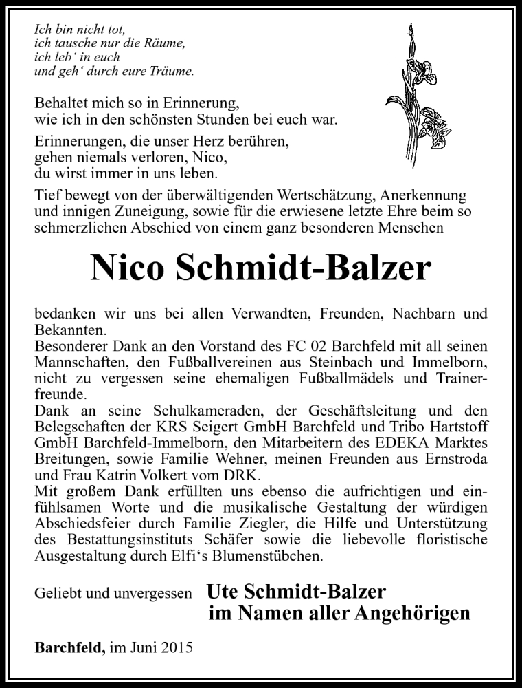  Traueranzeige für Nico Schmidt-Balzer vom 04.06.2015 aus Südthüringer Presse