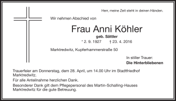 Traueranzeige von Anni Köhler von Frankenpost