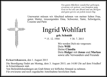 Traueranzeige von Ingrid Wohlfart von Neue Presse Coburg
