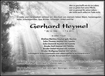Traueranzeige von Gerhard Heymel von Südthüringer Presse