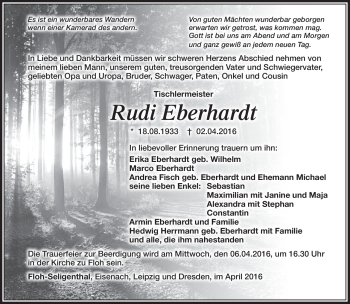 Traueranzeige von rudi Eberhardt von Südthüringer Presse