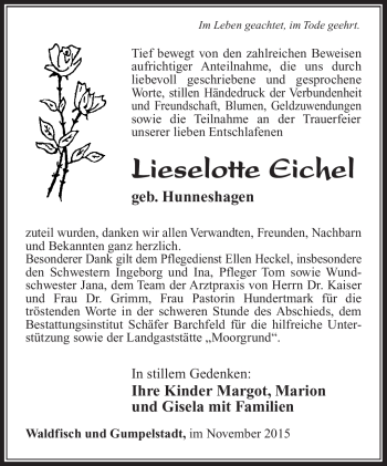 Traueranzeige von Lieselotte Eichel von Südthüringer Presse