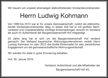 Traueranzeige von Ludwig Kohmann von Frankenpost