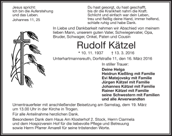 Traueranzeige von Rudolf Kätzel von Frankenpost