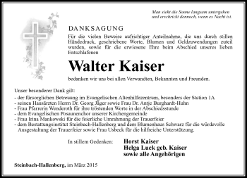 Traueranzeige von Walter Kaiser von Südthüringer Presse