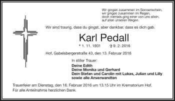 Traueranzeige von Karl Pedall von Frankenpost