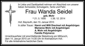 Traueranzeige von Wanda Seidel von Frankenpost