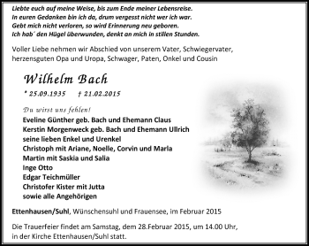 Traueranzeige von Wilhelm Bach von Südthüringer Presse