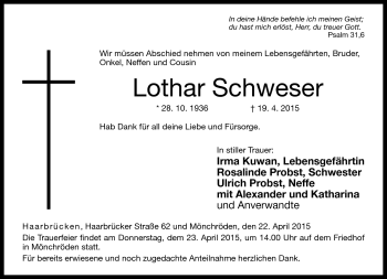 Traueranzeige von Lothar Schweser von Neue Presse Coburg