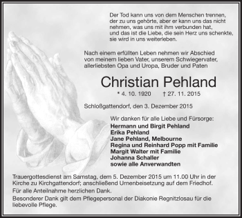 Traueranzeige von Christian Pehland von Frankenpost