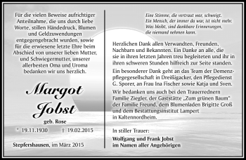 Traueranzeige von Margot Jobst von Südthüringer Presse