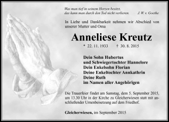 Traueranzeige von Anneliese Kreutz von Südthüringer Presse