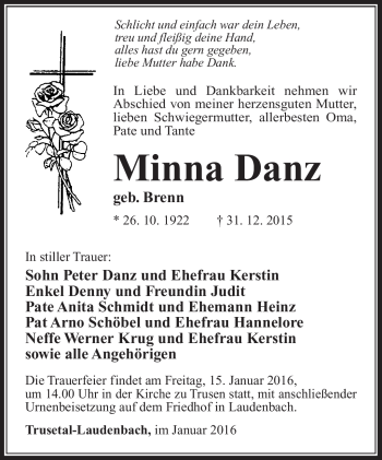 Traueranzeige von Minna Danz von Südthüringer Presse