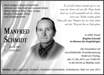 Traueranzeige von Manfred Schmidt von Südthüringer Presse
