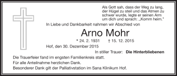 Traueranzeige von Arno Mohr von Frankenpost