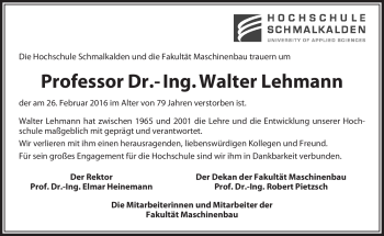 Traueranzeige von Walter Lehmann von Südthüringer Presse
