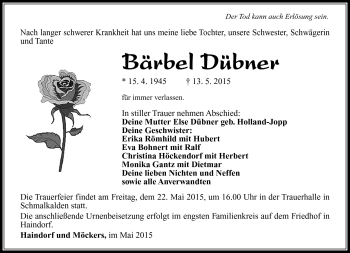 Traueranzeige von Bärbel Dübner von Südthüringer Presse