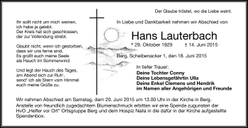 Traueranzeige von Hans Lauterbach von Frankenpost