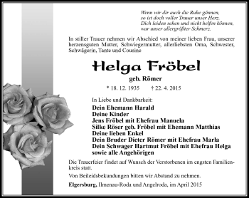 Traueranzeige von Helga Fröbel von Südthüringer Presse