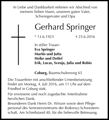 Traueranzeige von Gerhard Springer von Neue Presse Coburg