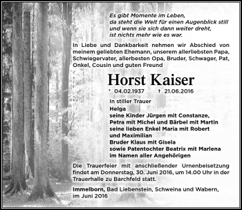 Traueranzeige von Horst Kaiser von Südthüringer Presse