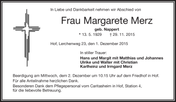 Traueranzeige von Margarete Merz von Frankenpost