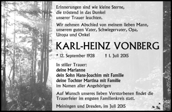 Traueranzeige von Karl-Heinz Vonberg von Südthüringer Presse