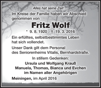 Traueranzeige von Fritz Wolf von Südthüringer Presse