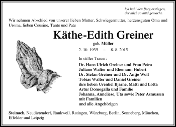 Traueranzeige von Käthe-Edith Greiner von Südthüringer Presse