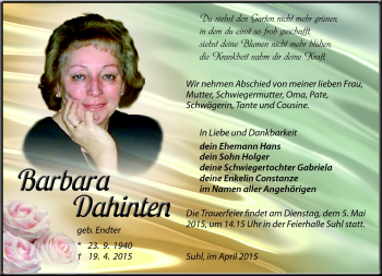 Traueranzeige von Barbara Dahinten von Südthüringer Presse