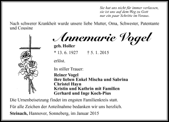 Traueranzeige von Annemarie Vogel von Südthüringer Presse
