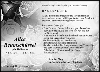 Traueranzeige von Alice Reumschüssel von Südthüringer Presse