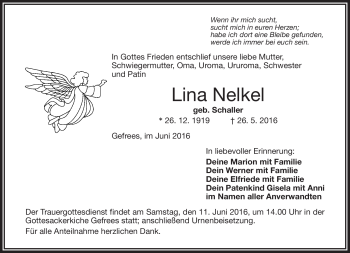 Traueranzeige von Lina Nelkel von Frankenpost