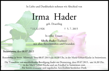 Traueranzeige von Irma Hader von Neue Presse Coburg