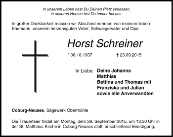 Traueranzeige von Horst Schreiner von Neue Presse Coburg
